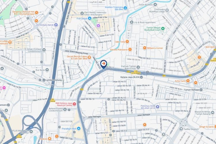 Map - Digital Overhead Bridge Billboard at LDP Highway KM11.9, Petaling Jaya, Selangor (near Taman Megah and SS25/15)