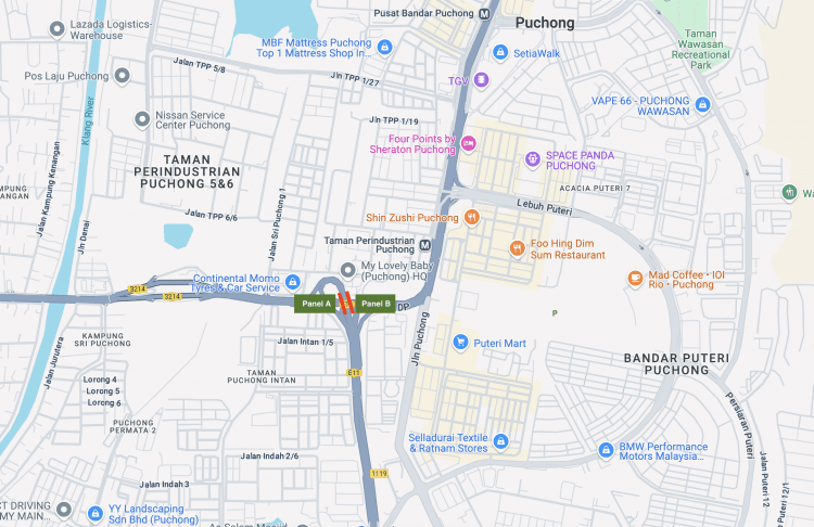 Map - Overhead Bridge Billboard at LDP Highway KMS4.2 & KMS4.3, Puchong, Selangor (near Tractors Malaysia)