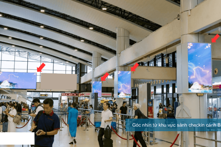 4 bảng quảng cáo ốp cột màn hình LED tại Sân bay Quốc tế Nội Bài, Hà Nội (khu vực Check-in cánh B, Nhà ga T1)