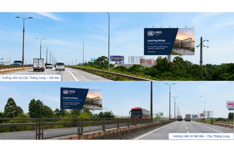 1 bảng quảng cáo trụ đơn 2 mặt tại H2/7+20 23A Thăng Long, Phường Ba Đình, Hà Nội (Bên tay phải cao tốc Thăng Long – Nội Bài, hướng từ nội thành đi sân bay Nội Bài)